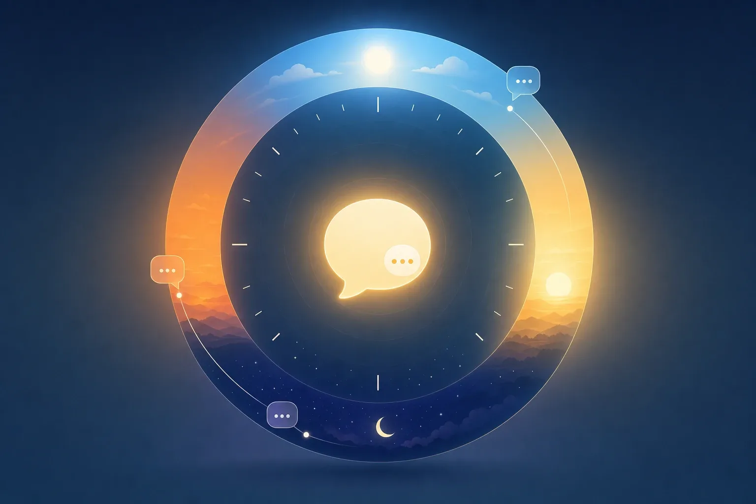 Conceptual illustration of a glowing chat support bubble at the center of a 24-hour clock ring that fades from amber sunrise through daylight blue to deep indigo night, with small message bubbles arriving at every hour.