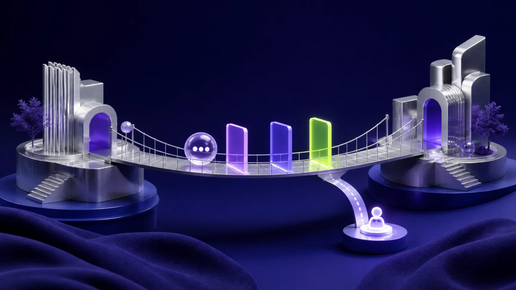 Editorial diorama of a support-chat route crossing a series of approval gates between two abstract client and agency platforms, ending at a human route.