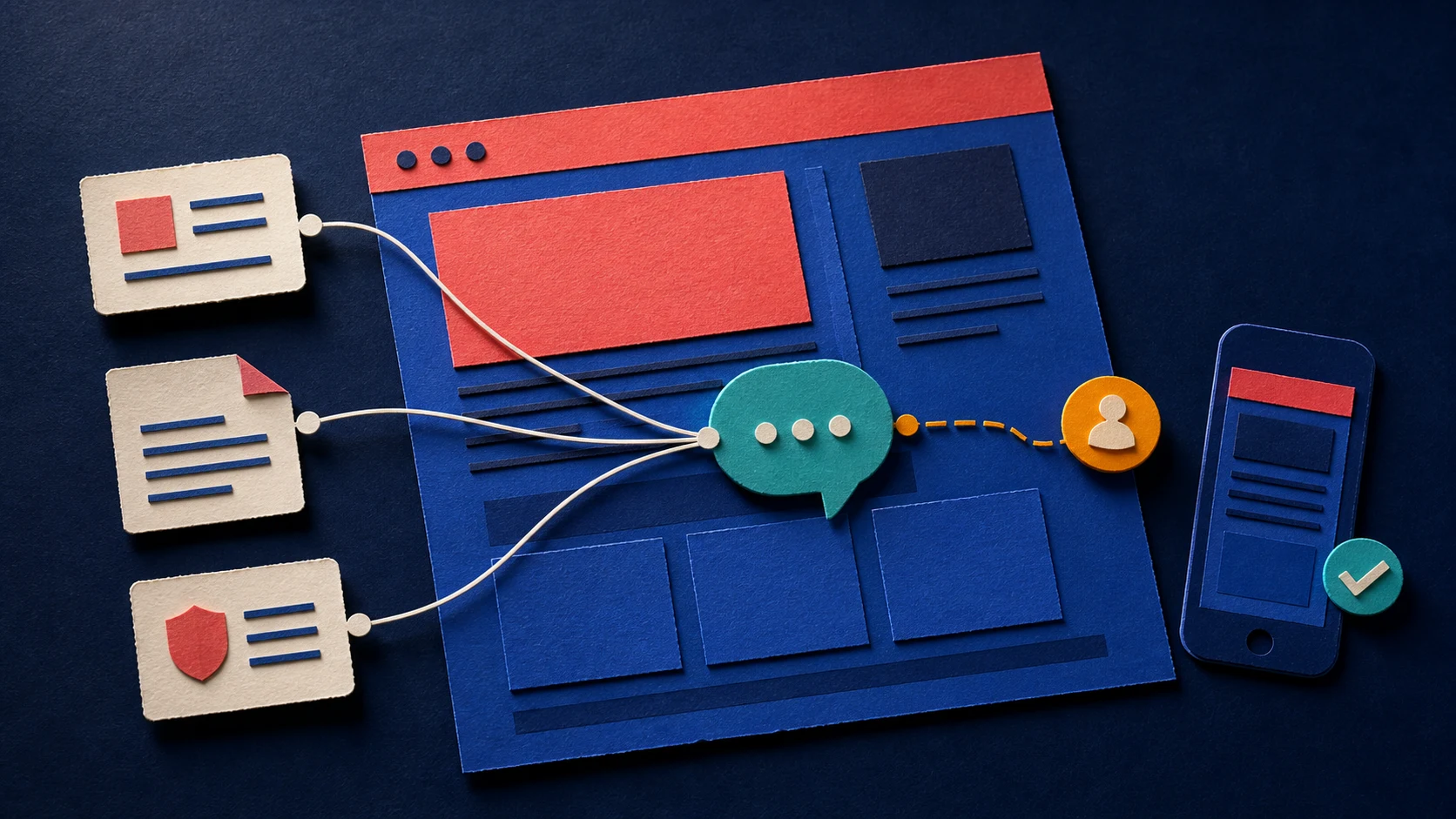 Layered paper-cut support launch map connecting three source cards to a chat bubble, a human route, and a mobile verification marker.