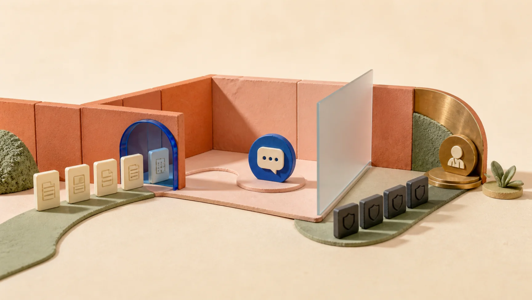 Editorial cutaway of a bright CMS page boundary receiving one public source route, while a separate private data route leads to a human support desk.