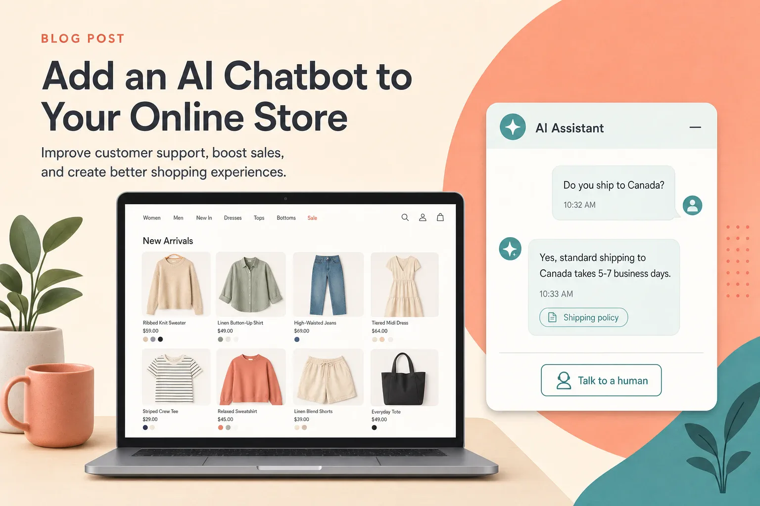 Flat-vector illustration of a laptop showing a generic online store, with a floating AI chat widget answering a shopper's shipping question, a 'Shipping policy' source citation chip under the answer, and a 'Talk to a human' handoff button.