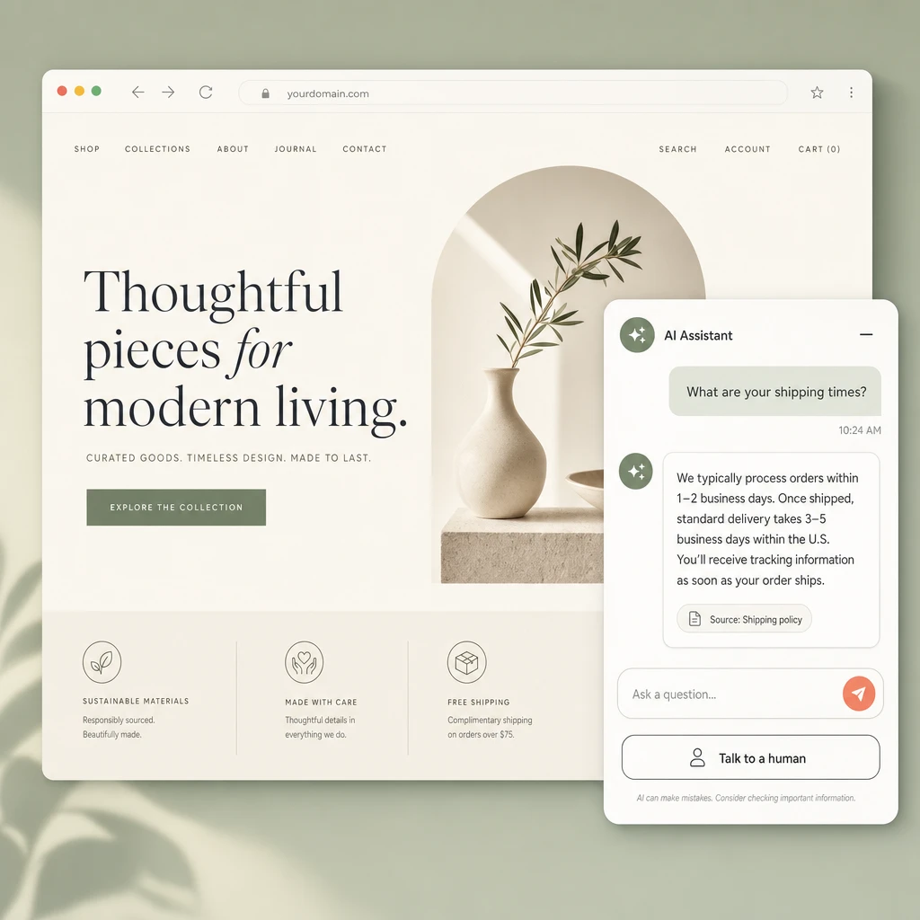 Flat-design illustration of a minimalist Squarespace-style website in a browser window, with an open AI chat widget answering a visitor's 'What are your shipping times?' question, a 'Source: Shipping policy' citation chip under the answer, and a 'Talk to a human' button.