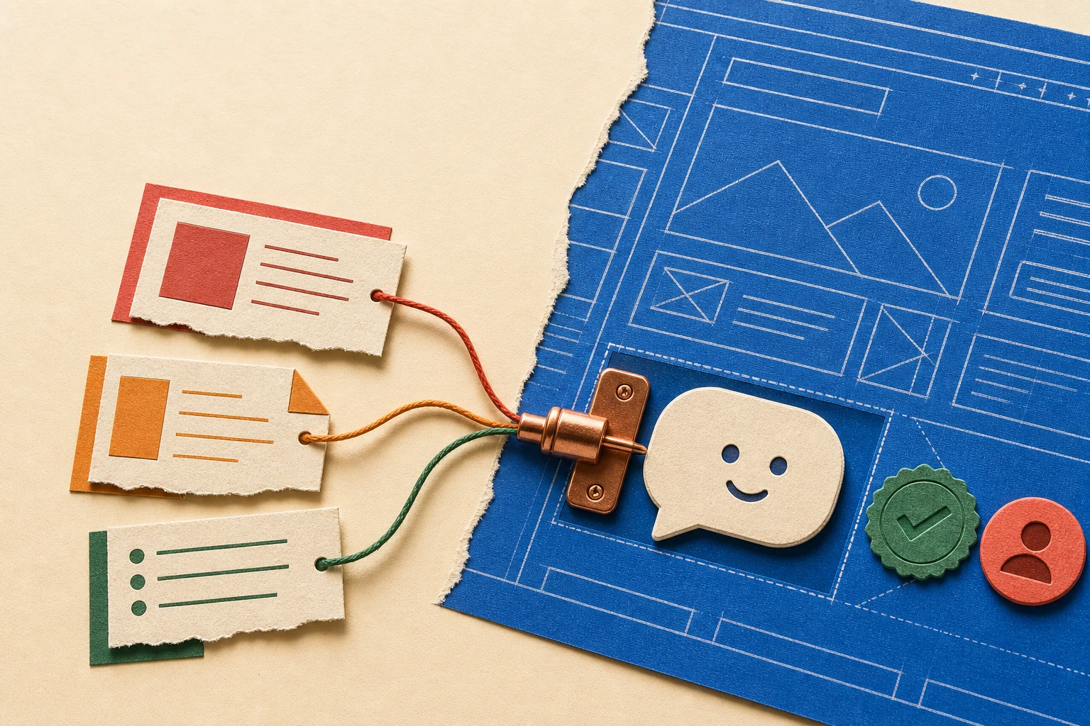Tactile editorial collage of a copper plug connecting three source cards to a friendly chat bubble on a blue website blueprint, with verification and human-handoff tokens.