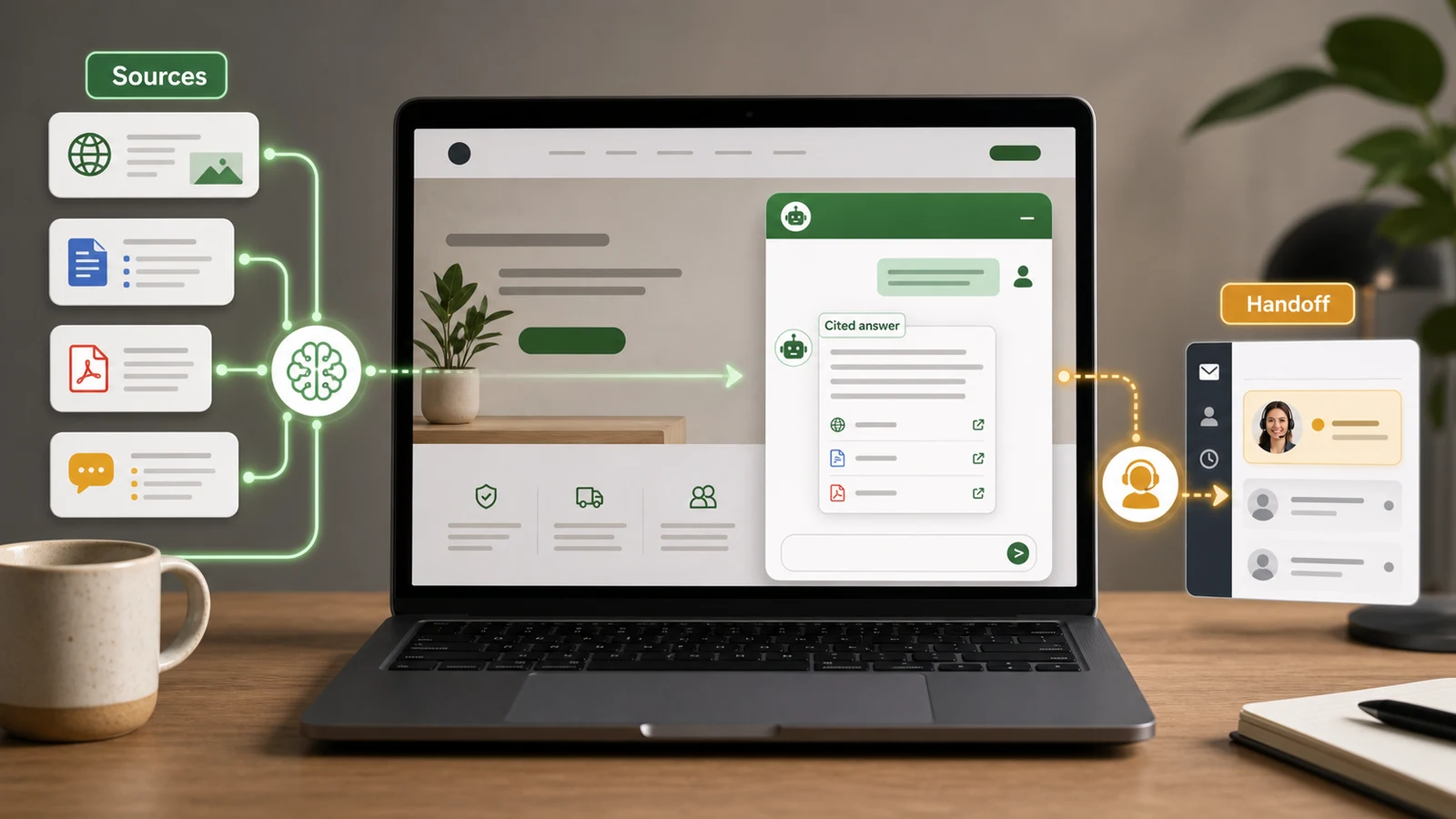 Editorial workflow graphic showing website pages, PDFs, and FAQs feeding an AI chatbot that returns cited answers and hands complex cases to a human inbox.