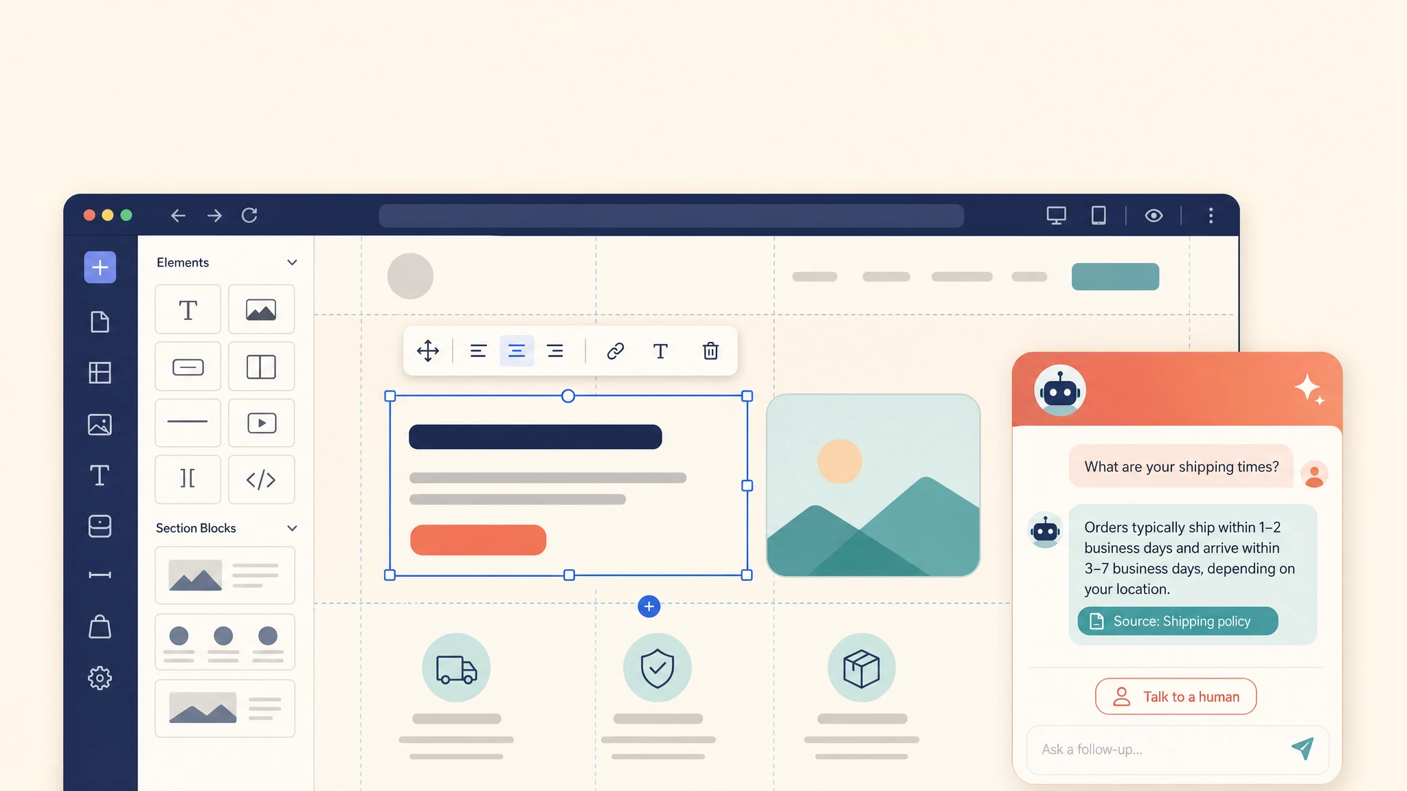 Flat-design illustration of a website builder canvas in a browser window, with an open AI chat widget answering a visitor's 'What are your shipping times?' question, a 'Source: Shipping policy' citation chip under the answer, and a 'Talk to a human' button.