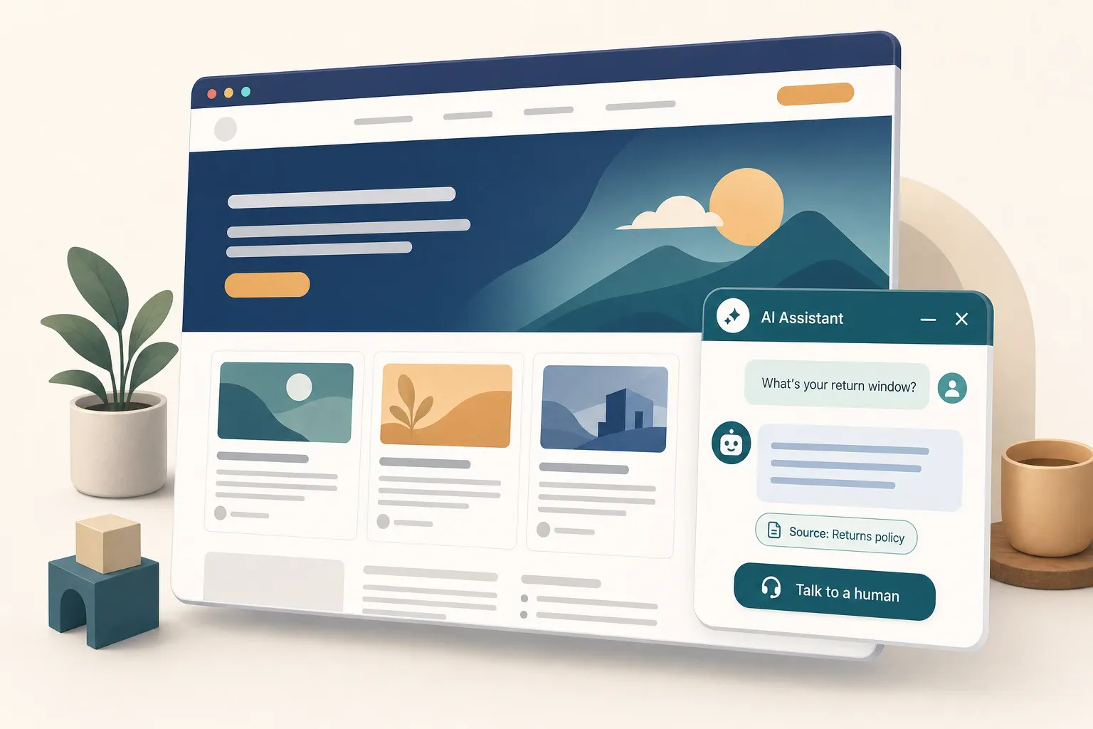 Isometric illustration of a browser window showing a generic content website, with an open AI chat widget answering a visitor's 'What's your return window?' question, a 'Source: Returns policy' citation chip under the answer, and a 'Talk to a human' handoff button.