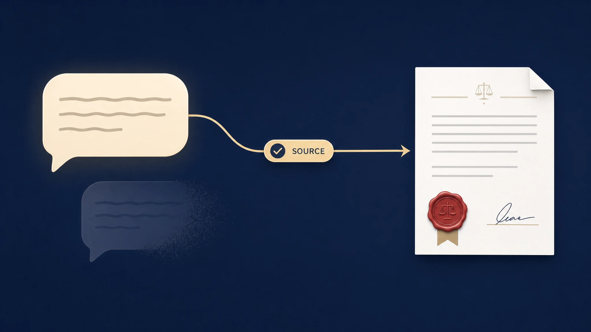 Editorial illustration: a support chat bubble on the left is connected by a clean line to a signed, stamped document on the right, showing that an AI answer becomes a binding company statement — with a small 'Source' citation chip on the grounded path and a faint ungrounded bubble being filtered out.