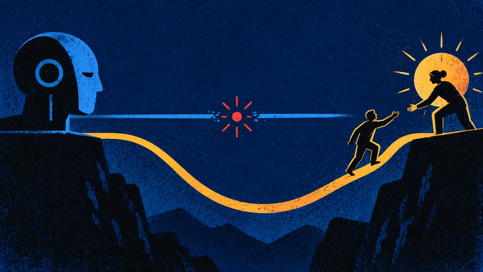 Graphic editorial illustration of a broken blue support signal bridged by an independent amber route to a human help light.