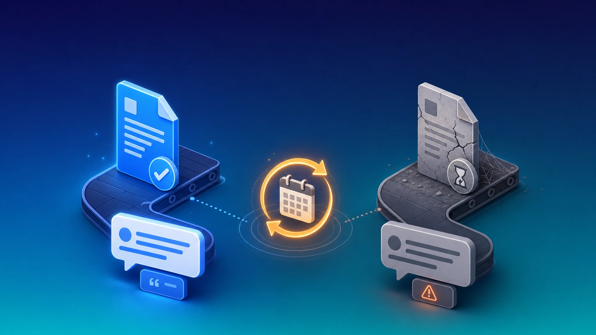 Isometric illustration of two knowledge documents on a conveyor belt feeding into chat bubbles — one document glowing and current feeding a confident cited answer, the other faded and cobwebbed feeding a dim, uncertain answer, with a circular sync arrow and calendar icon between them.