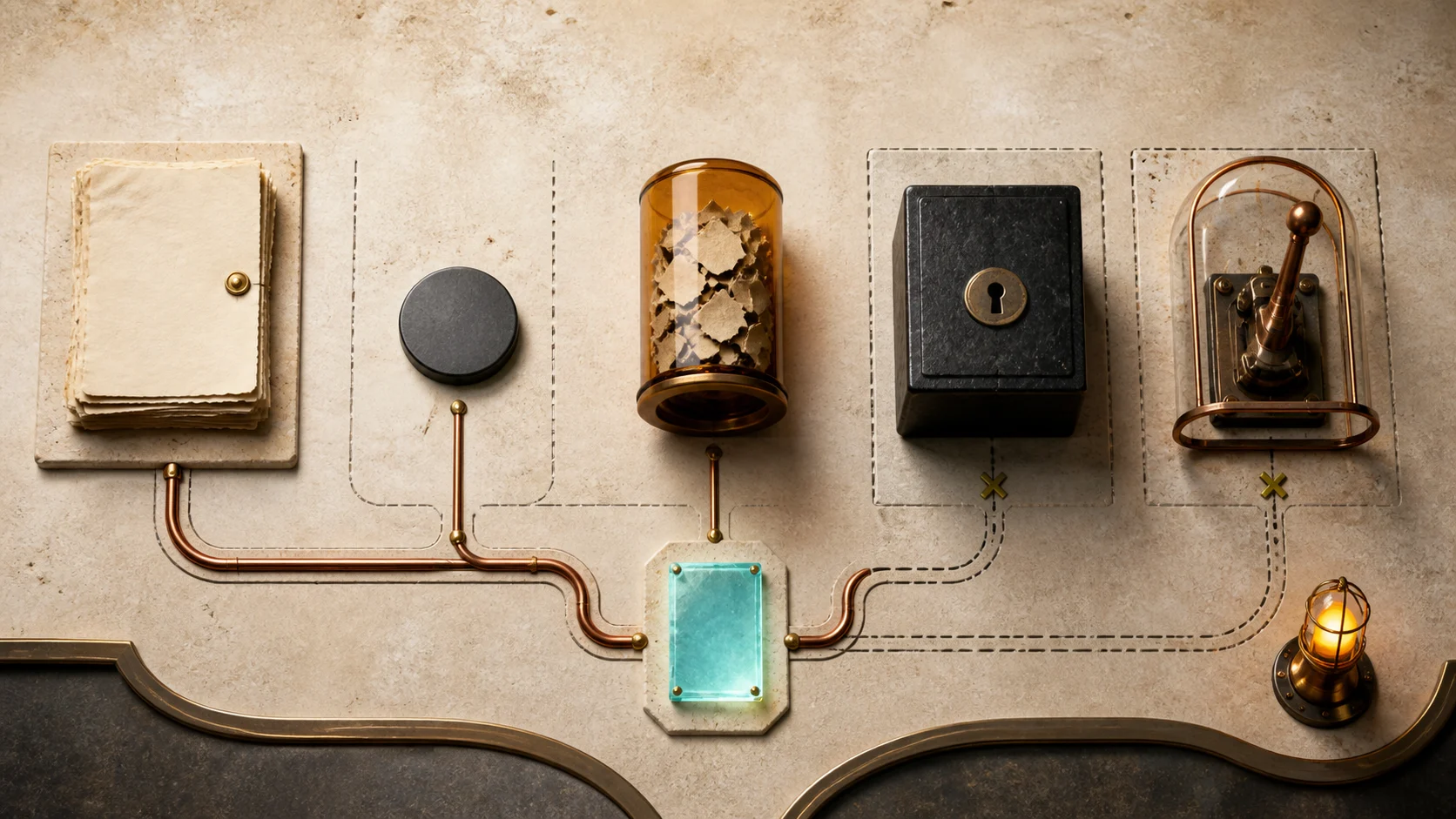 Top-down editorial security map with five separated input lanes leading to a cited support card, a locked private vault, and a human beacon.