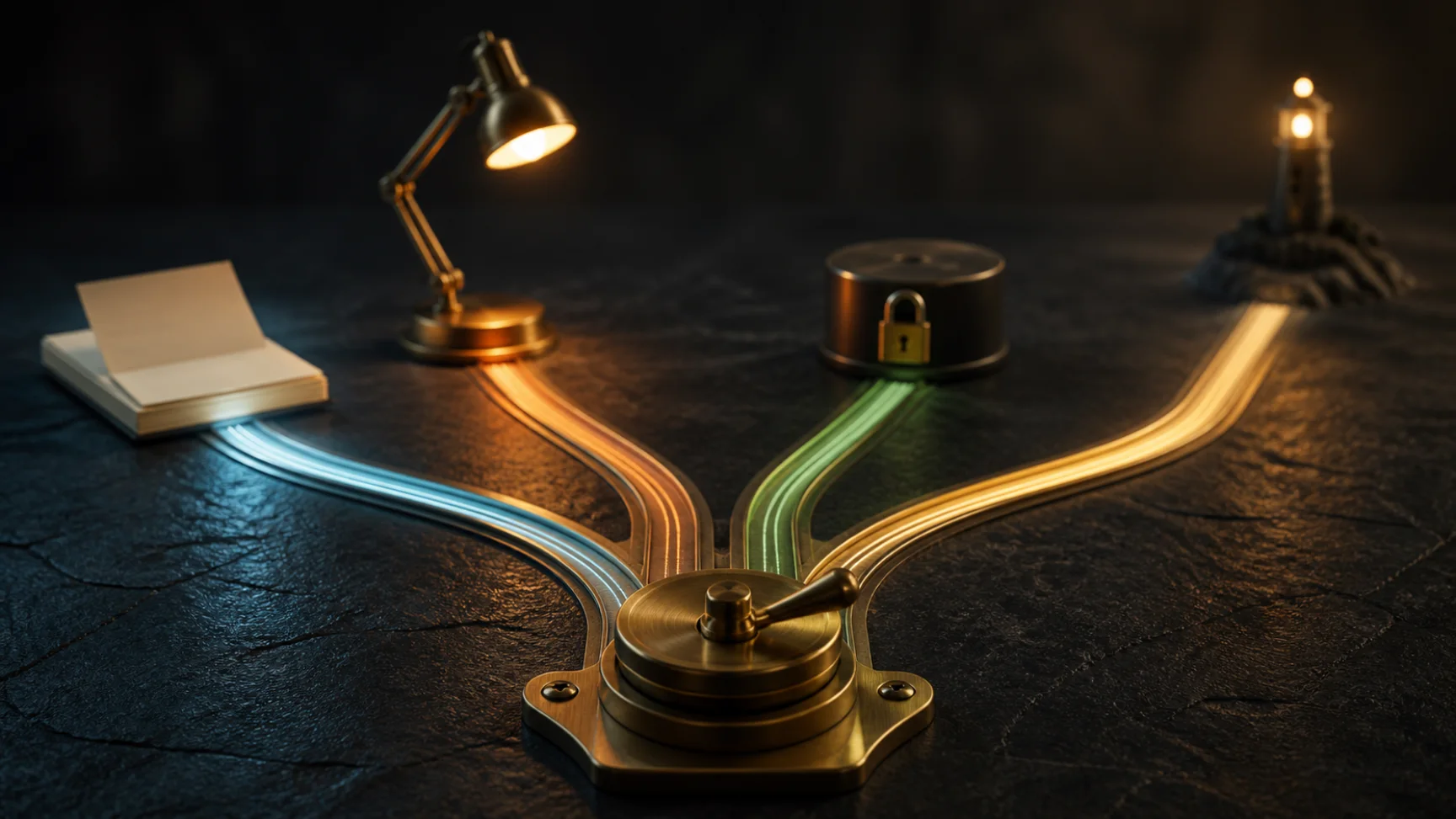 Cinematic editorial still life of a brass route switch dividing four illuminated customer-support paths: a source card, a human desk, a locked account record, and an after-hours beacon.
