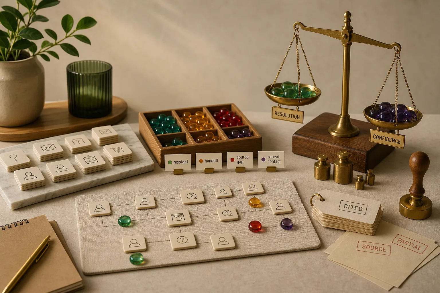 A screen-free support quality lab scene with conversation tiles, citation cards, source-gap tags, and a scale balancing resolution against confidence.