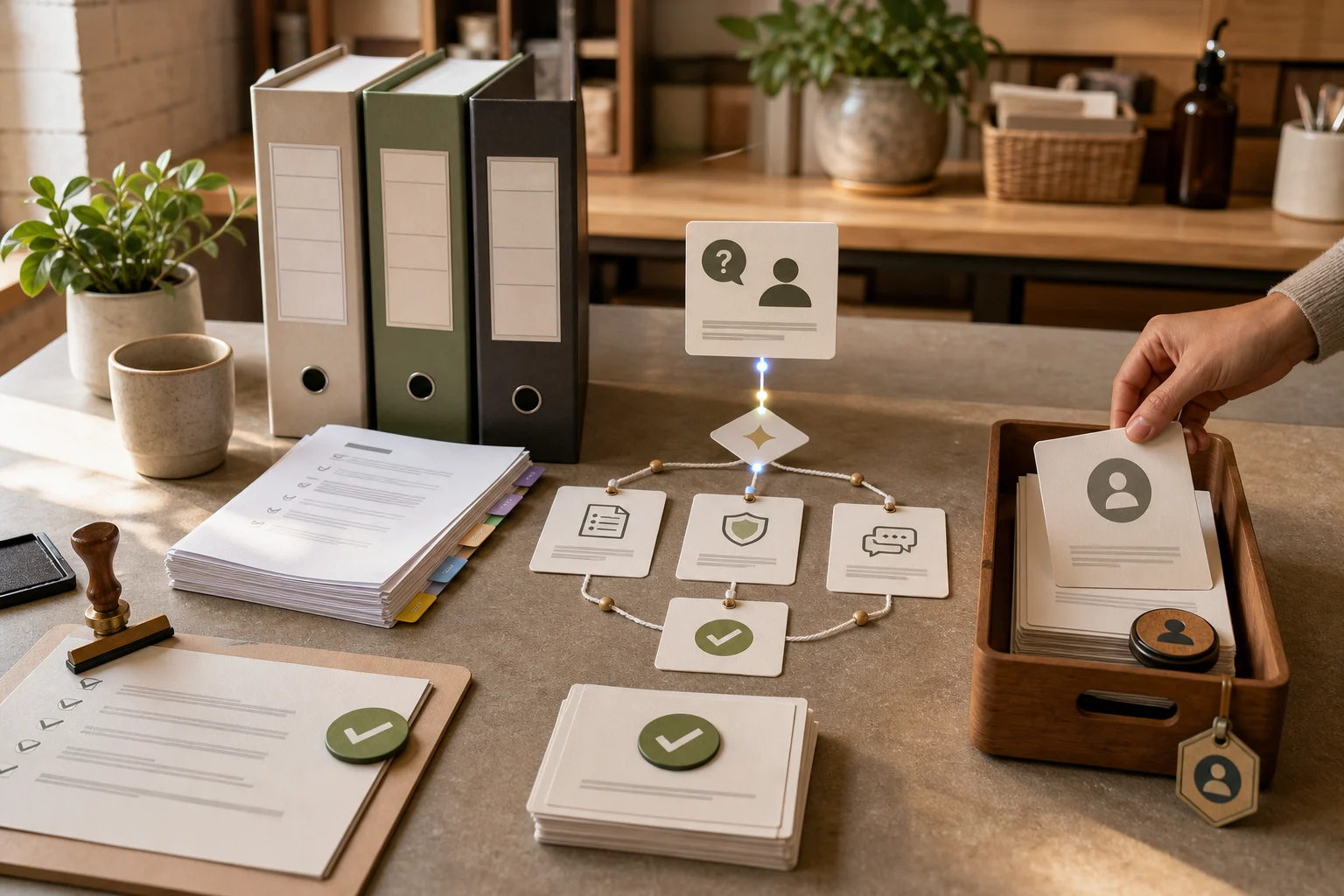 Small business operator reviewing an AI customer service workflow with abstract customer questions, trusted source cards, review checks, and a human handoff path.