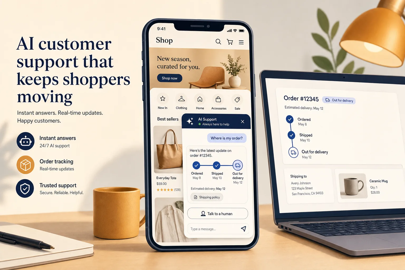Editorial illustration of an online store on a phone and laptop, with a chat widget answering 'Where is my order?' beside an order-tracking timeline (Ordered, Shipped, Out for delivery) and a 'Talk to a human' button.