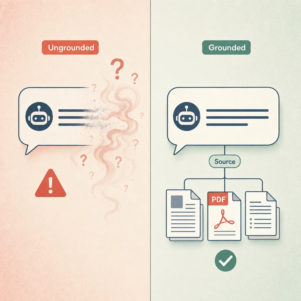 Split editorial illustration: on the left an ungrounded chat bubble dissolves into smoke and question marks with a red warning triangle; on the right a grounded chat bubble connects by clean lines to a stack of documents, with a 'Source' citation chip and a green checkmark.