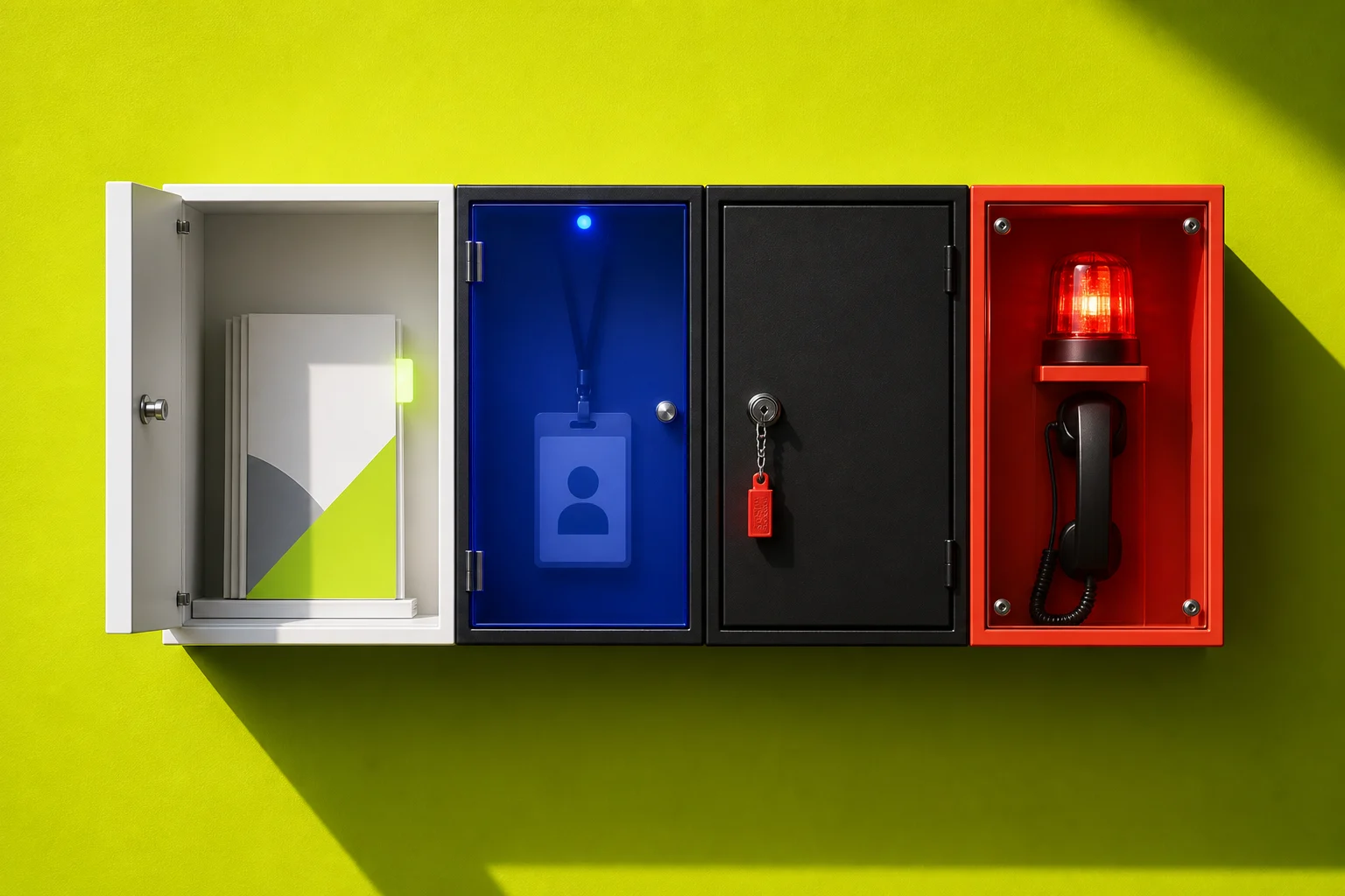 Editorial IT service cabinet showing separate physical lanes for approved knowledge, identity verification, locked admin actions, and a security incident beacon.
