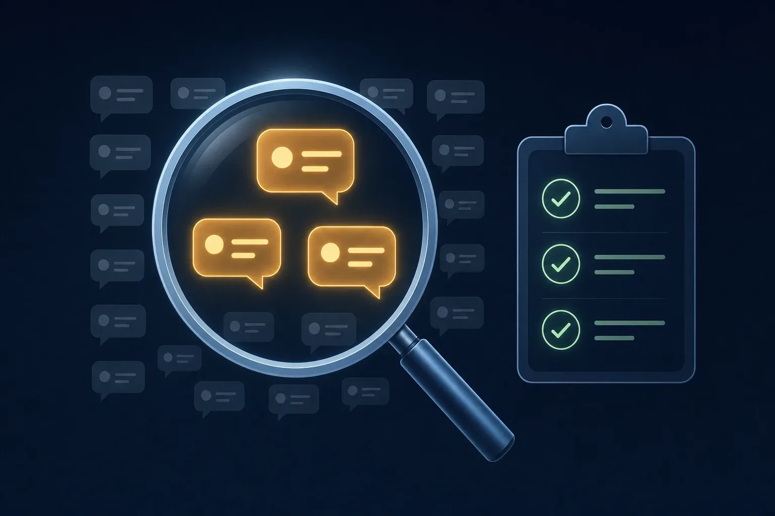 Editorial illustration of a large magnifying glass hovering over a grid of chat bubble icons, with three bubbles glowing amber inside the lens next to a checklist clipboard with checkmarks, representing a sampled review of AI support conversations.