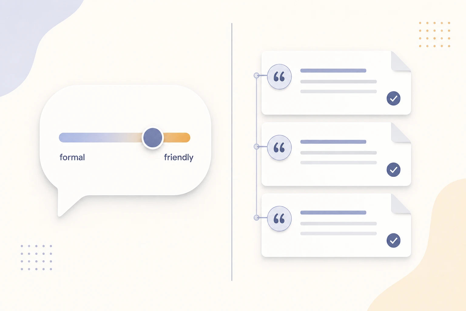 Flat-vector illustration of a chat speech bubble with a tone dial on the left set between 'formal' and 'friendly', and a stack of cited source documents on the right, with a thin line keeping the two sides separate.