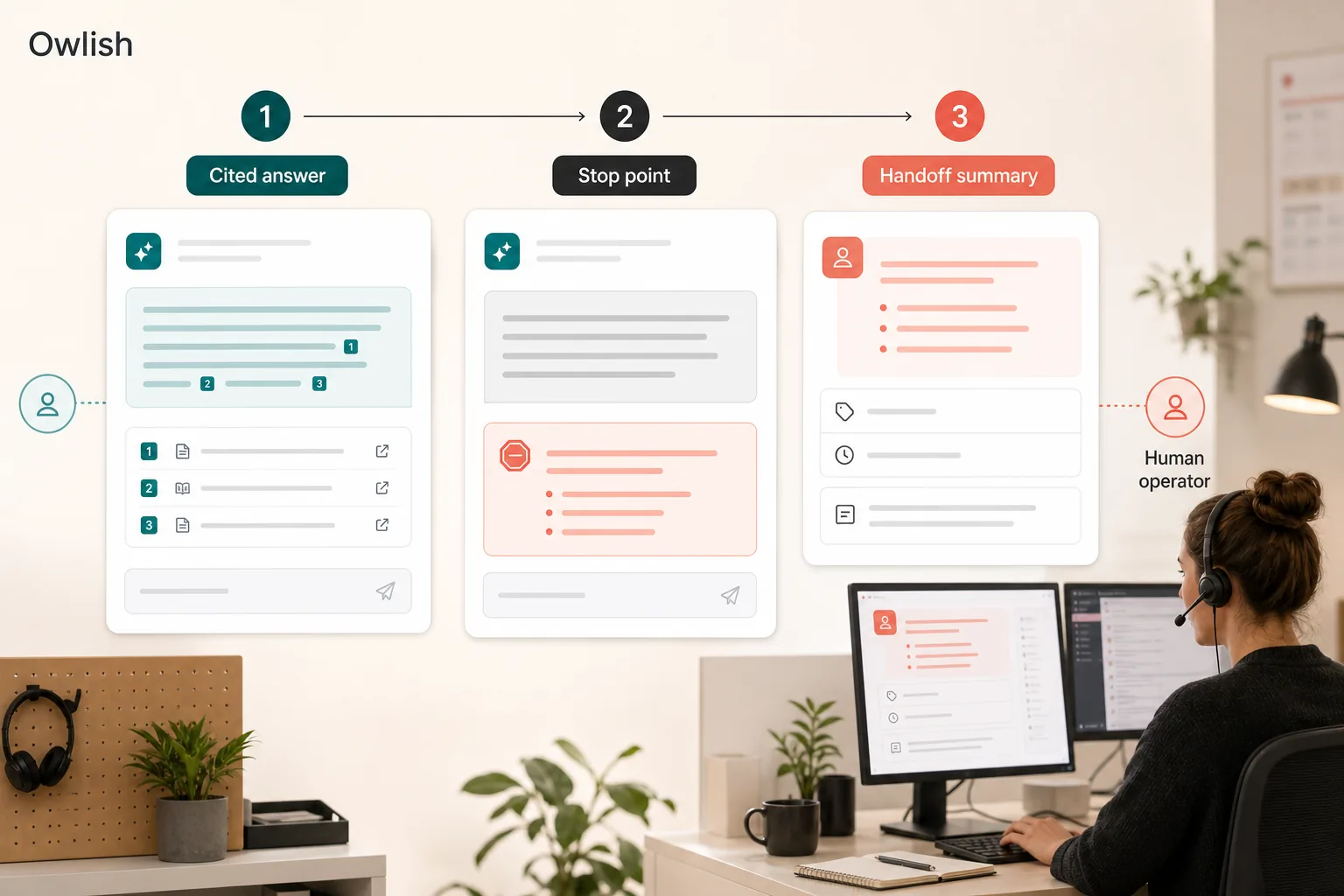 Editorial workflow graphic showing an AI support answer with citations, a stop point, and a human operator receiving a handoff summary.