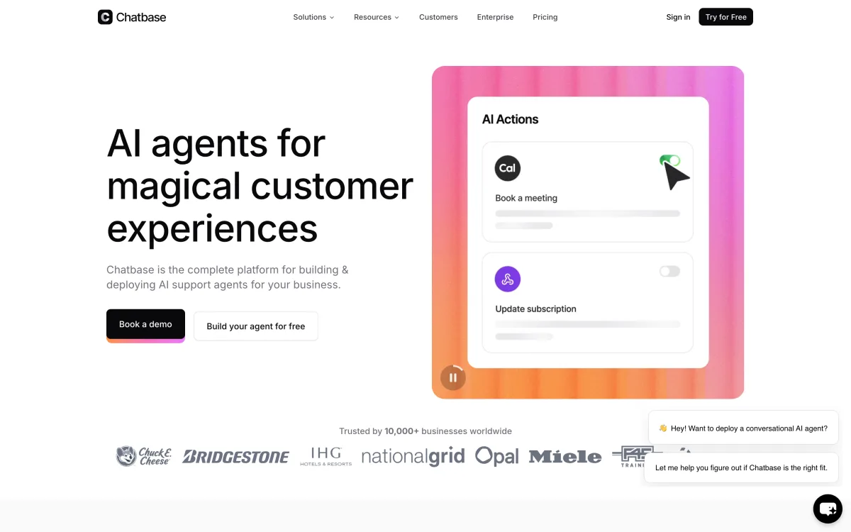 Chatbase homepage showing its AI agent platform positioning.