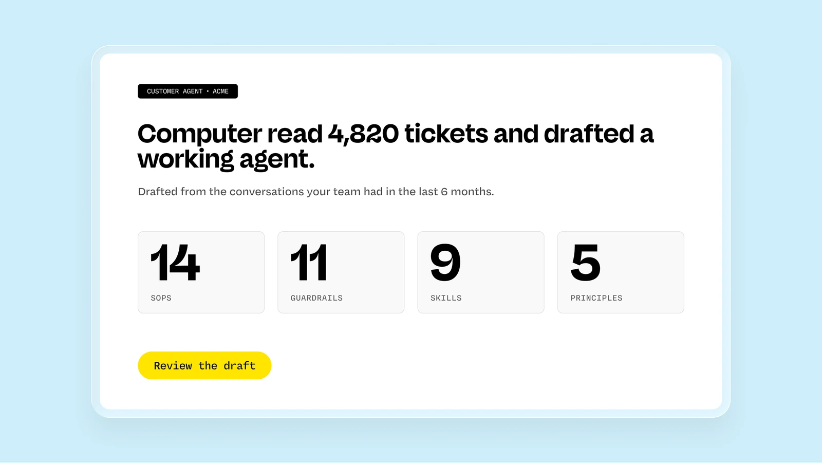 DevRev Customer Agent demo showing a first draft built from past tickets and waiting for review.