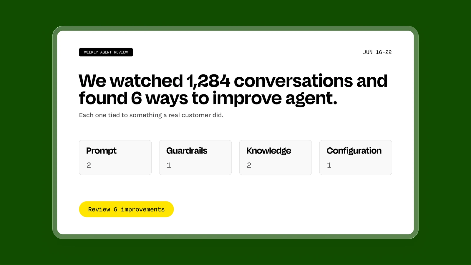DevRev demo showing a weekly agent review and suggested improvements.