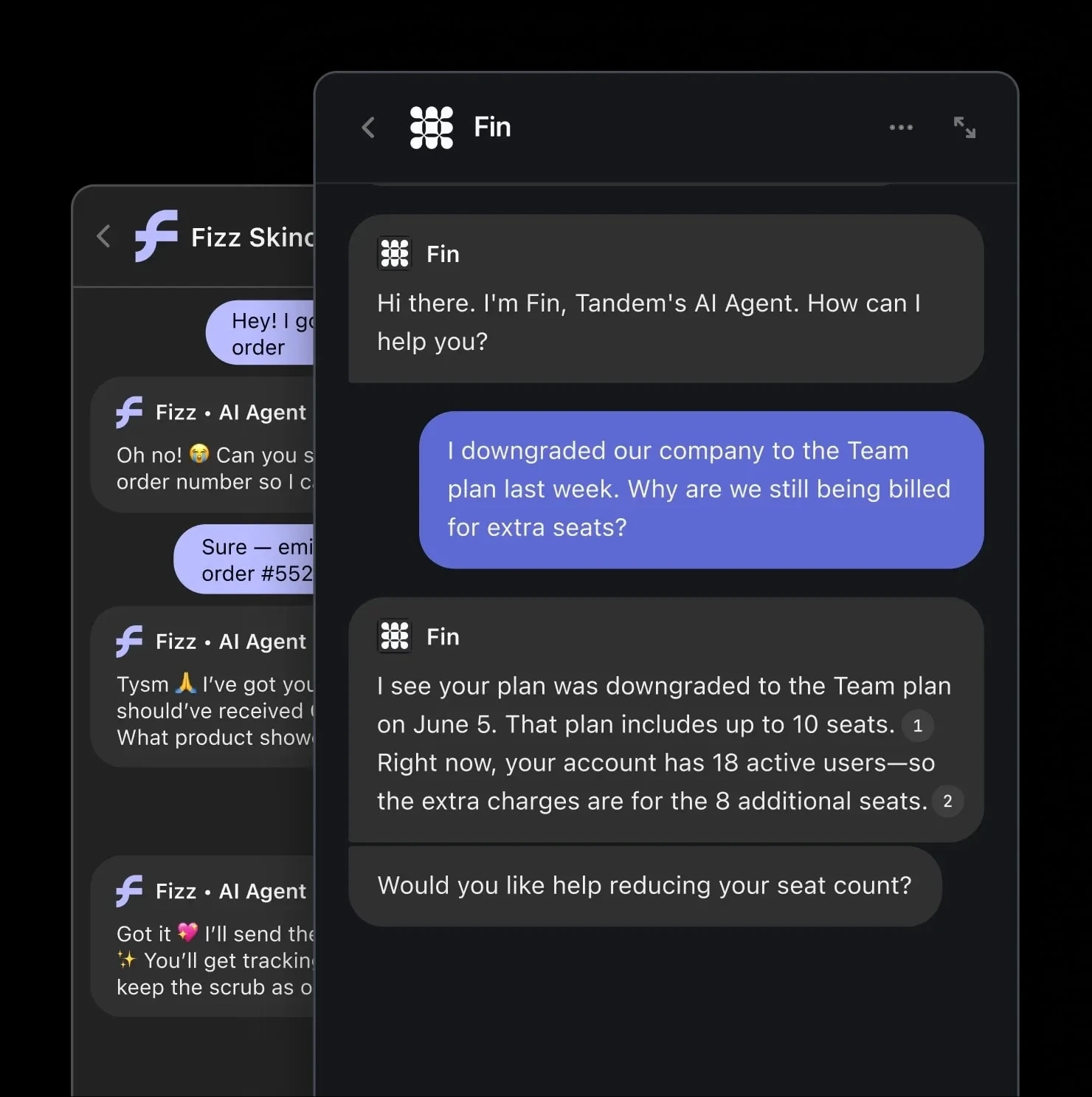 Fin's published chat example answering an account-billing question with numbered source references.