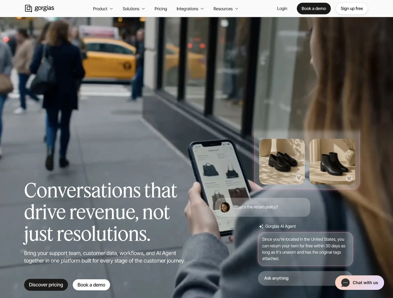 Gorgias's current homepage showing an ecommerce return-policy conversation.
