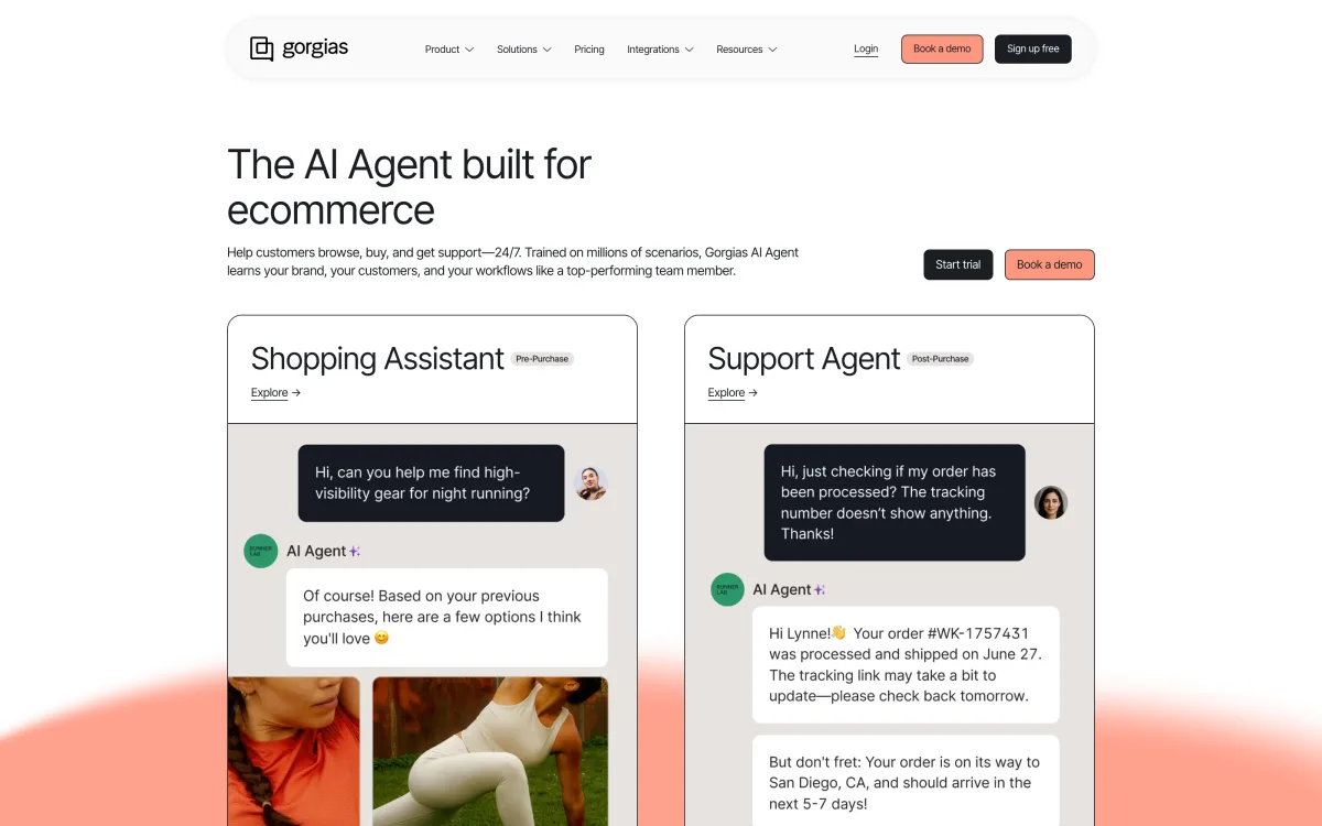 Gorgias AI Agent landing page showing shopping-assistant and support-agent conversation examples.