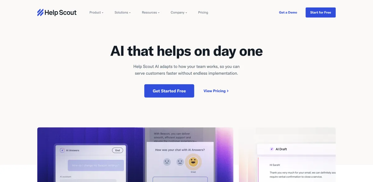 Help Scout AI features page showing its AI Answers and AI Draft product surfaces.
