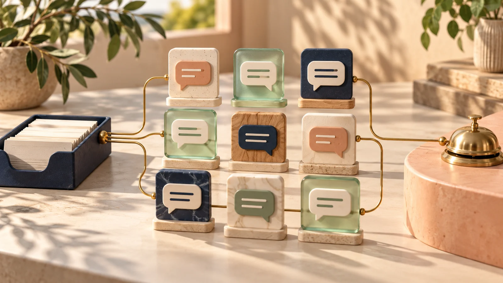 Nine tactile conversation cards arranged on a sunlit desk beside knowledge folders and a human-support bell.