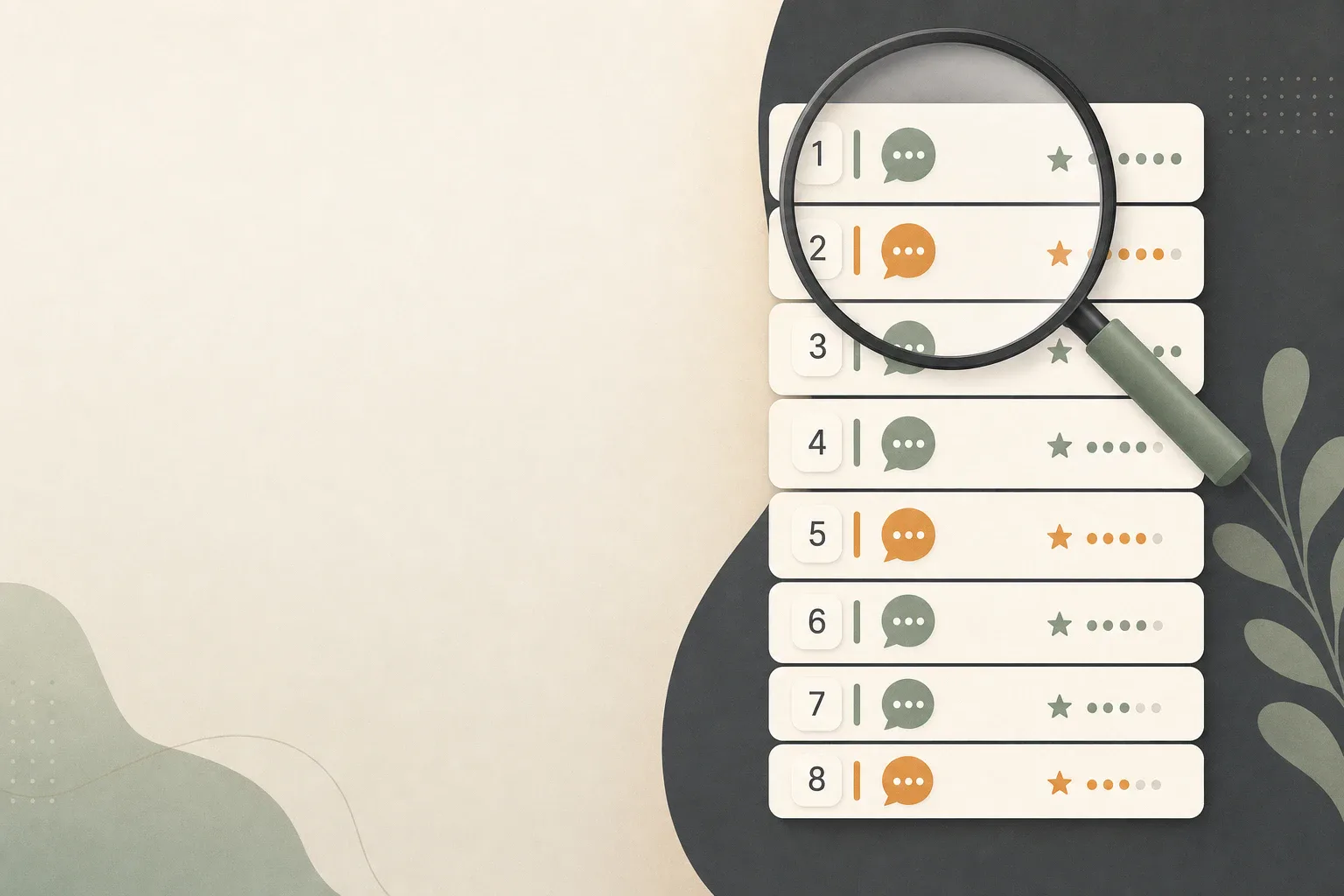 Editorial illustration of a ranked shortlist of AI customer support tools, shown as a vertical stack of abstract product cards with a magnifying glass evaluating the top options.
