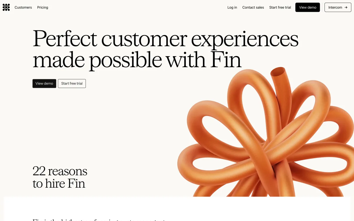 Fin by Intercom landing page showing its AI customer service agent positioning.