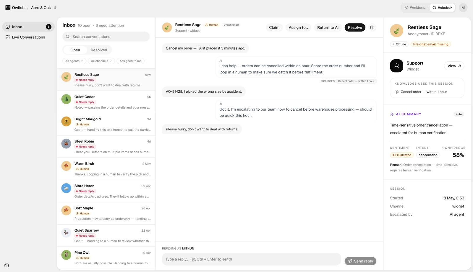 Owlish helpdesk showing a source-backed answer, an escalated conversation and its summary.