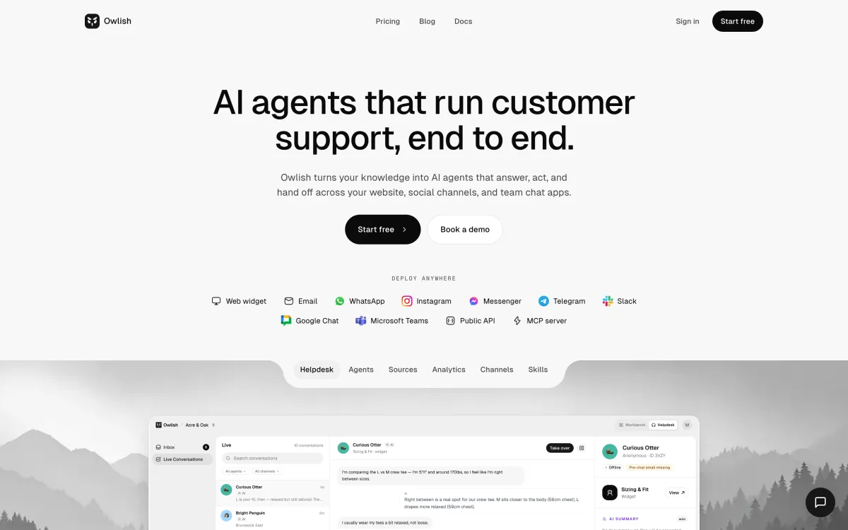 Owlish homepage showing its AI customer support positioning and helpdesk product UI.