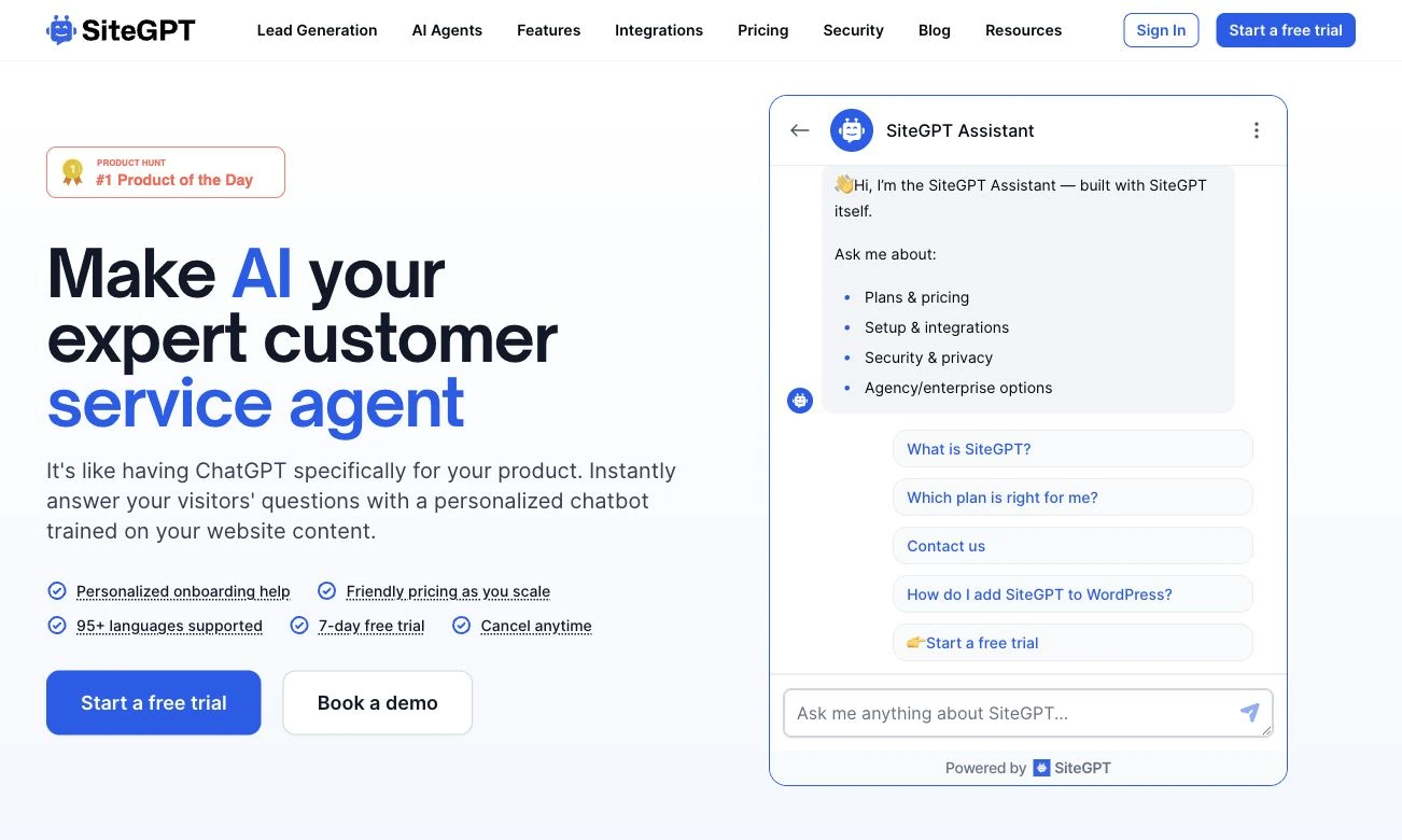 SiteGPT's homepage alongside its embedded assistant and suggested questions.