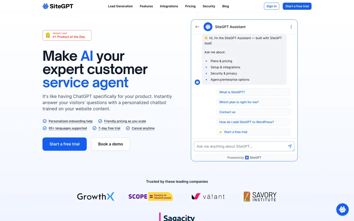 SiteGPT homepage showing its AI customer service agent positioning and live chatbot demo.