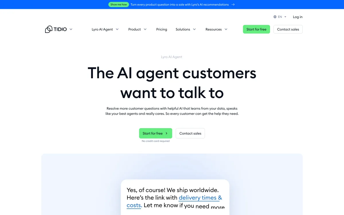 Tidio Lyro landing page showing its AI agent plus live chat positioning.