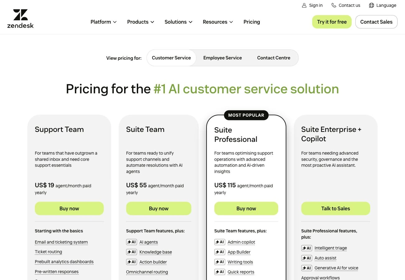 Zendesk's September 2026 pricing page showing Support Team, Suite Team, Suite Professional and Enterprise plans.