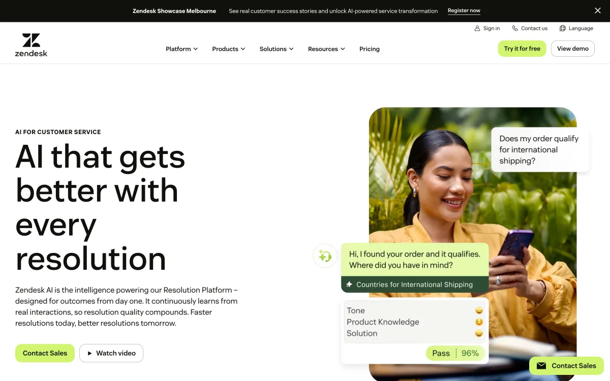 Zendesk AI page showing its AI-powered resolution platform positioning.