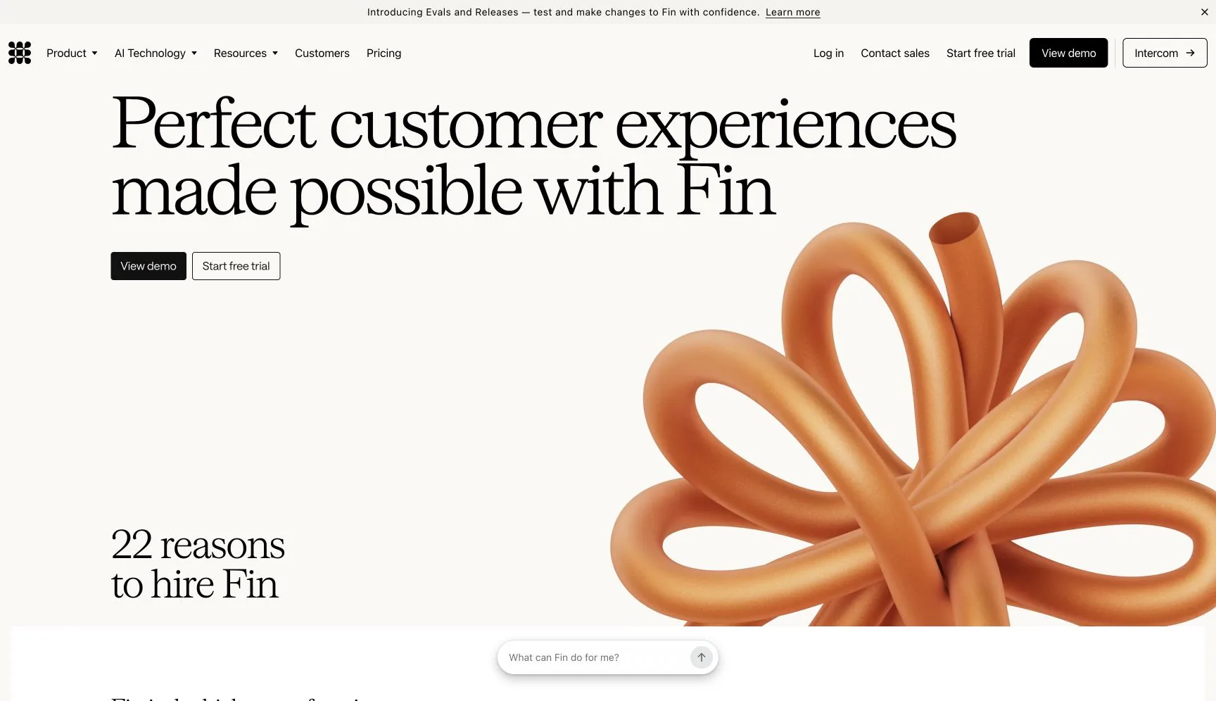 Intercom Fin product page presenting its customer-facing AI agent.