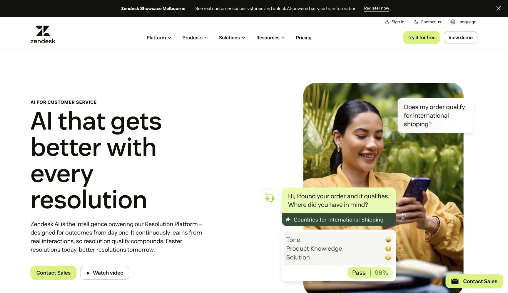 Zendesk AI product page describing its self-improving AI agents.