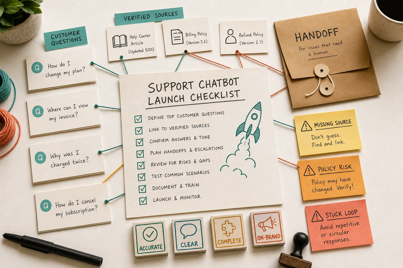 Overhead support triage workspace with paper conversation cards, source-document cards, colored string, risk flags, a handoff envelope, and a review checklist.