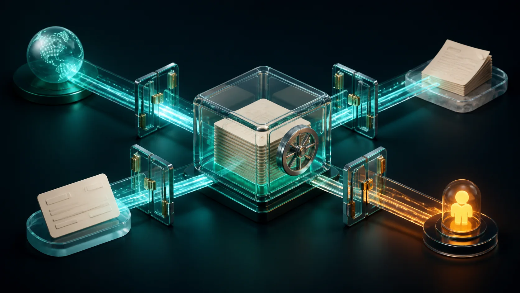 Cinematic 3D source-control vault: four glowing paths pass through glass gates into a transparent archive, with one amber route ending at a human handoff beacon.