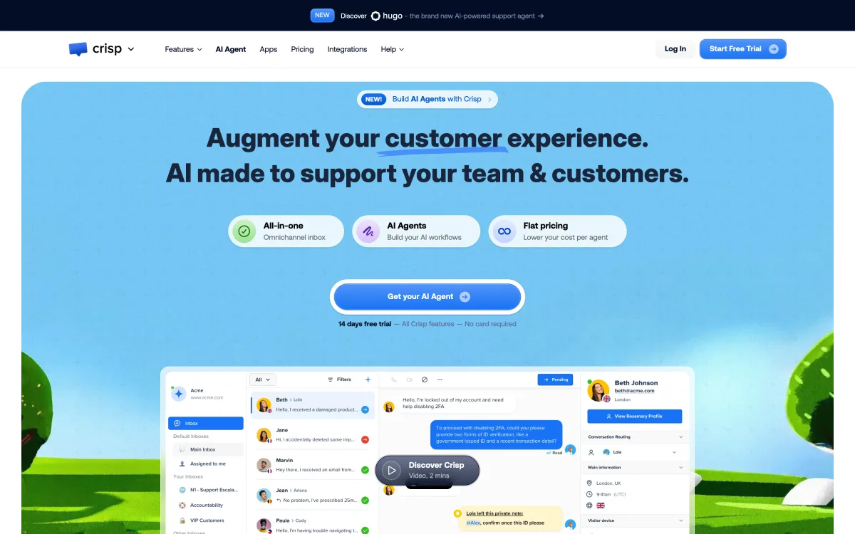 Crisp homepage describing its AI-powered customer support and chat platform.
