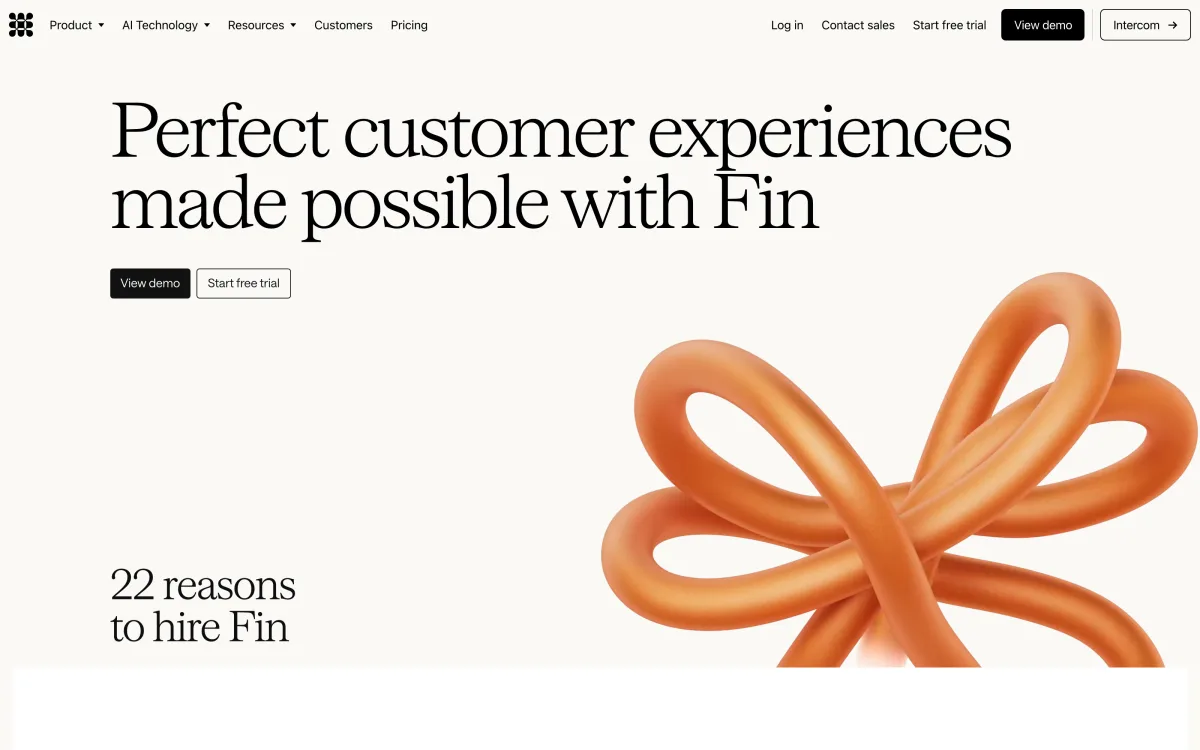 Fin's homepage, the AI agent brand that Intercom renamed itself to before its acquisition by Salesforce.