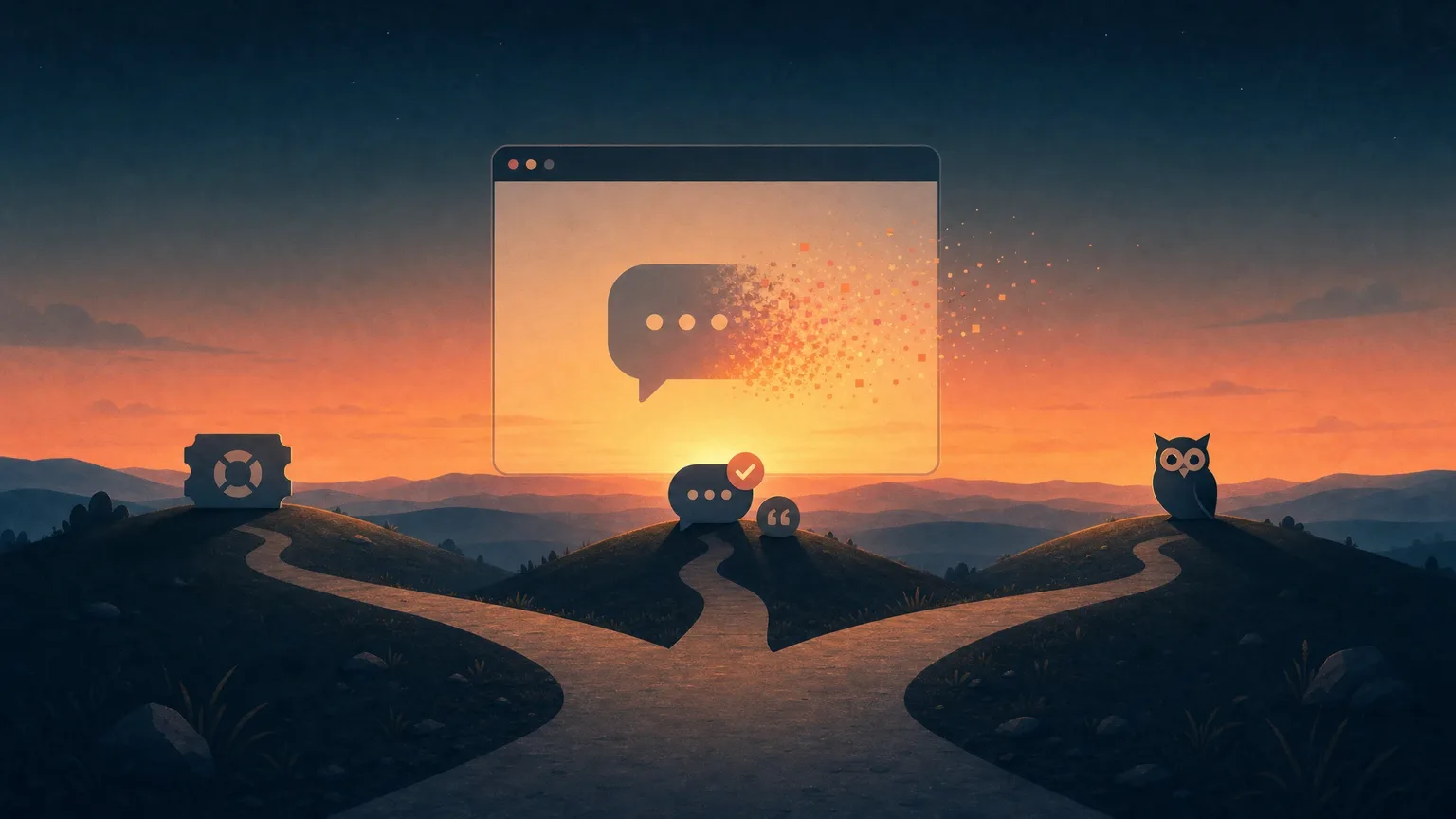 Editorial illustration of a browser window with a chat-bubble icon dissolving into sunset light above a horizon, where a path forks toward a helpdesk-ticket icon, a chat bubble with a citation mark, and an owl silhouette — representing a sunset product and its different successors.