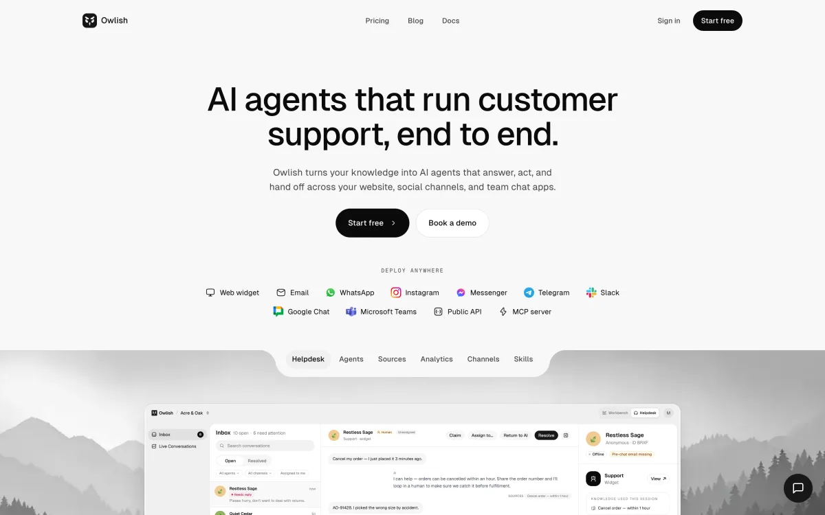 Owlish homepage showing its grounded AI customer support positioning.