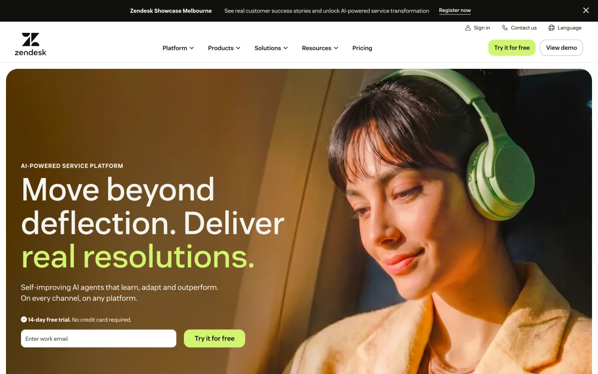Zendesk homepage describing its AI-powered customer service platform.