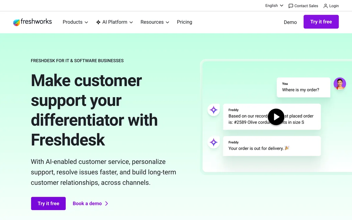 Freshdesk product page describing its AI-powered customer service help desk and Freddy AI.